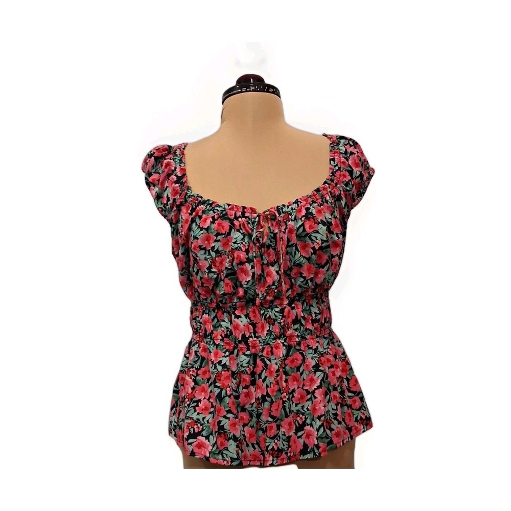 Old Navy Dark Floral On Off Shoulder Milkmaid Peasant Tie Front Babydoll Top L